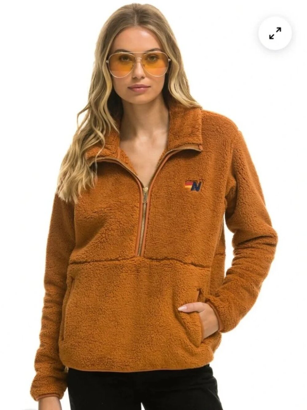 Aviator Nation Orange Brown Sherpa Fleece Half Zip Pullover